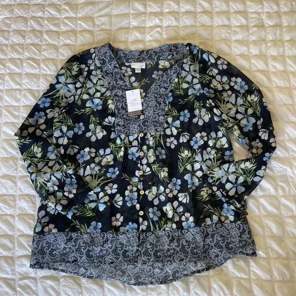 J.Jill blue floral semi sheer blouse